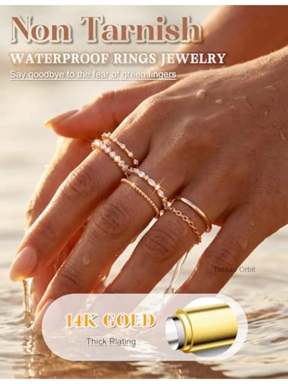 Dainty Stackable Ring Set, 14K Gold Plated, Cubic Zirconia, 6 Rings